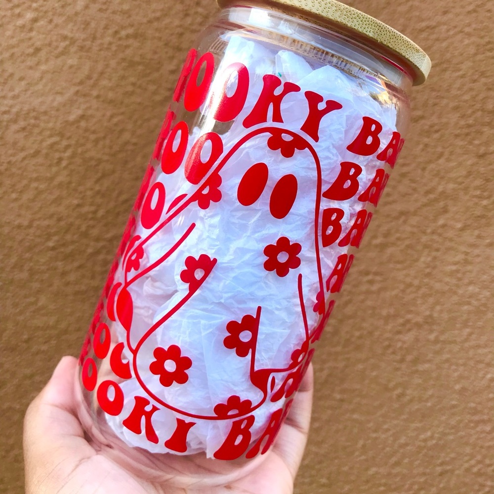 New Handmade Custom Halloween Spooky Babe Coffee Glass Can Tumbler Drink Cup